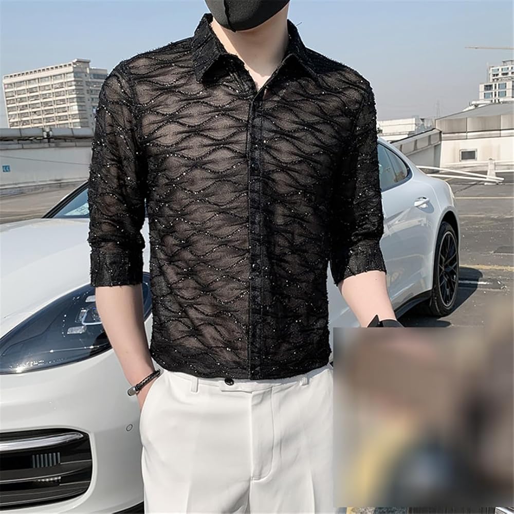 Lace See-Through Men's Shirt Slim Fit Half Sleeve Casual